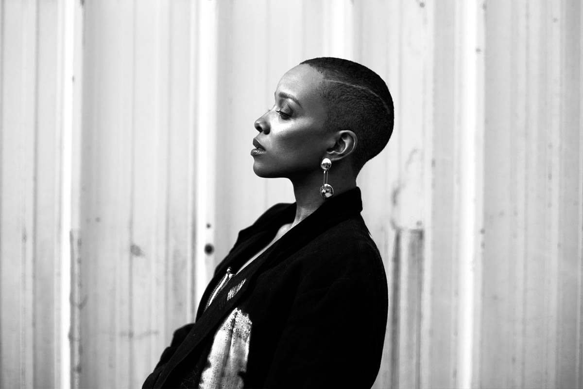 black and white press photo of Chicago singer Jamila Woods