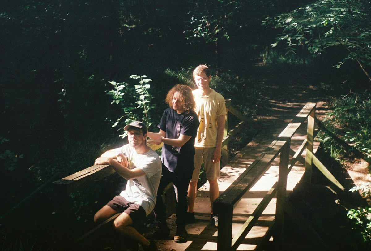 members of floral print standing on a bridge in the woods.