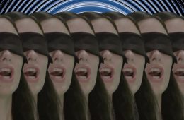 multiple images of Karaoke's Grace Bellury with her eyes blindfolded