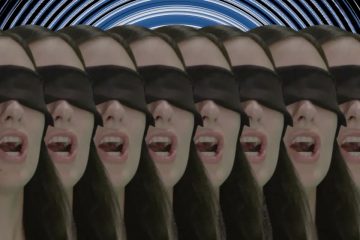 multiple images of Karaoke's Grace Bellury with her eyes blindfolded