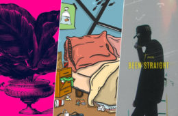 three panel image of MORE, Pine Overcoat, and T. Mason album covers