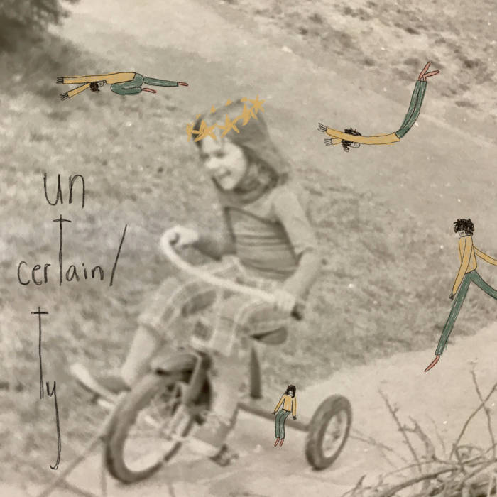 cover art for bandanna's uncertain/ty featuring a little girl riding a tricycle