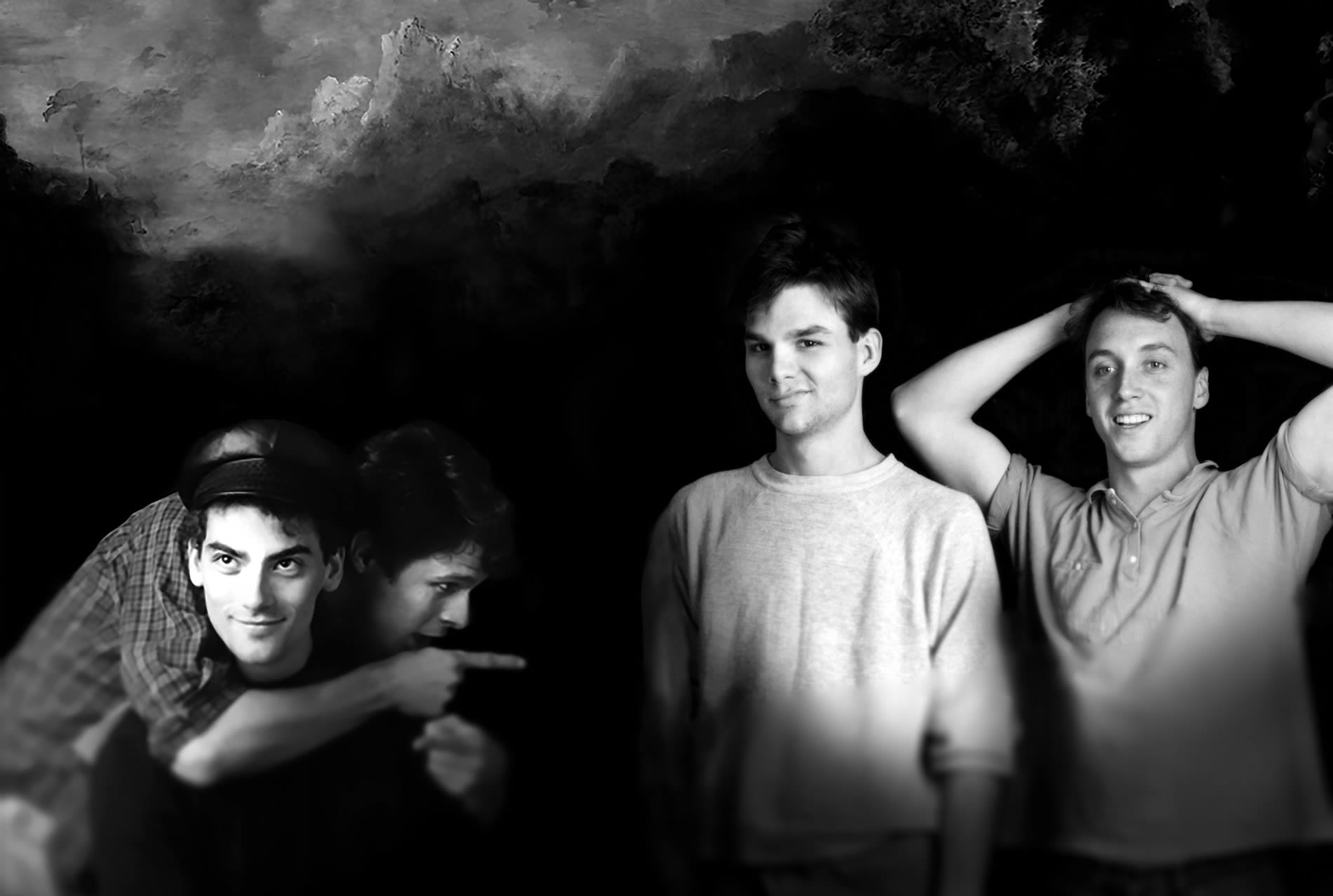 members of Love Tractor shot in black and white with ghostly image in background
