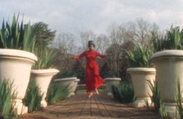 woman in red dress dancing amid white planters
